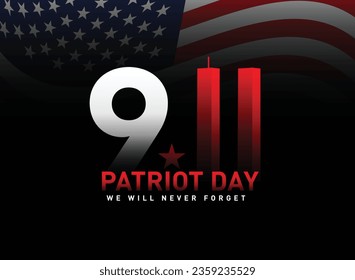 USA Patriot Day 9.11 Never Forget September 11, 2001 vector conceptual illustration. Patriot Day USA poster or banner. Black background, red, blue colors