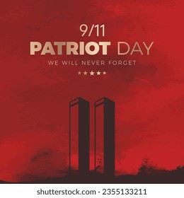 Usa Patriot day 9.11, plane crash social media design. Nine eleven twin tower vector on red background. we will never forget.