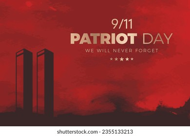 Usa Patriot day 9.11, plane crash social media design. Nine eleven twin tower vector on red background. we will never forget.