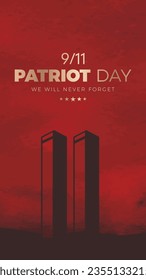 Usa Patriot day 9.11, plane crash social media design. Nine eleven twin tower vector on red background. we will never forget.