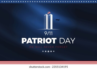 Usa Patriot day 9.11, plane crash social media design. Nine eleven twin tower vector on blue color background. we will never forget.