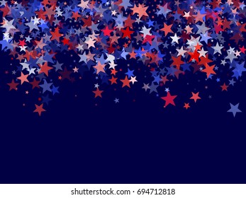 USA Patriot Day background, horizontal holiday vector pattern with flying stars of United States flag colors - blue, red and white. Independence Day backdrop with bright star dust confetti for banner.