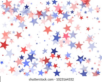 USA Patriot Day background with star dust flying.  Holiday confetti in USA flag colors for President Day. Red blue stars flying American patriotic pattern. 4th of July trendy stardust on white.