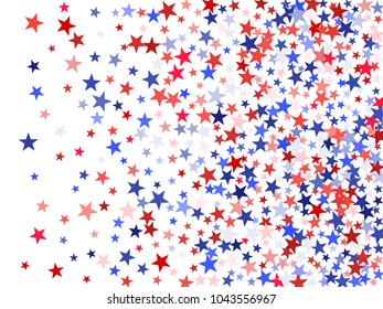 USA Patriot Day background with star dust flying.  Holiday confetti in US flag colors for President Day. Red blue stars American patriotic design. July 4th stardust elements.