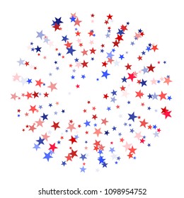 USA Patriot Day background with star dust flying.  Holiday confetti in USA flag colors for President Day. Red blue stars American patriotic pattern. 4th of July festive stardust.