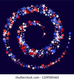 USA Patriot Day background with star dust flying.  Holiday confetti in USA flag colors for Independence Day. Red blue white stars American patriotic backdrop. 4th of July trendy stardust.