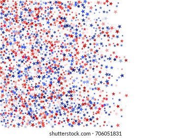 USA Patriot Day background with star dust flying fron left. Red and blue stars American patriotic background graphic design. Flying holiday confetti in USA flag colors for President Day celebration.