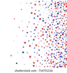 USA Patriot Day background with star dust flying. Red and blue stars American patriotic background graphic design. Flying holiday confetti in USA flag colors for President Day celebration.