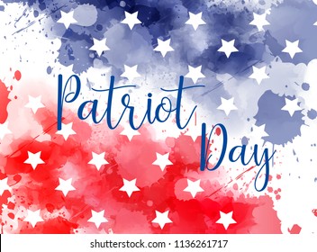 USA Patriot day background. We will never forget. Abstract grunge watercolor paint splashes in flag colors with text. Template for holiday banner, invitation, flyer, etc.