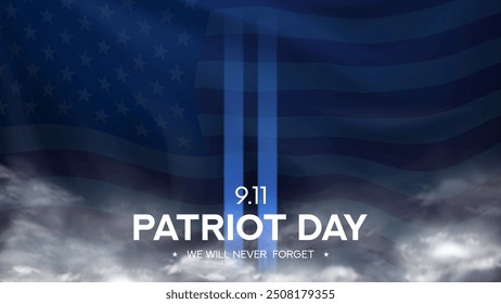 USA Patriot Day banner. 9th Sept Patriot memorial day. Silhouettes of world trade center south and north towers with American flag and lettering. Vector illustration. Day of remembering, September 11.