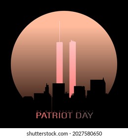 USA Patriot Day banner with high rise towers of New York along with twin tower world trade center on sunset background.
