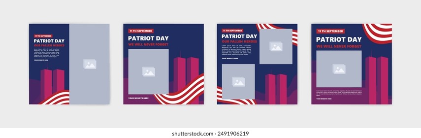 In: USA Patriot Day Banner. In den sozialen Netzwerken wird eine Vorlage zum Gedenken an die Anschläge vom 11. September veröffentlicht. Tag der Patrioten. 11. September. Wir werden es nie vergessen.