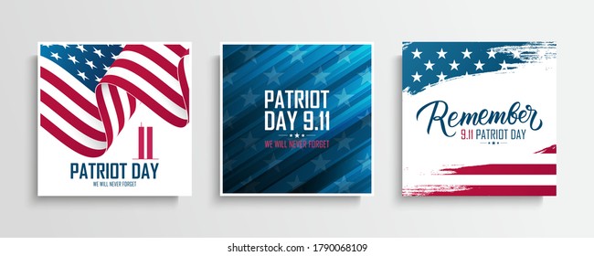 USA Patriot Day cards set. We will never forget. United States National Day of Prayer and Remembrance for the Victims of the Terrorist Attacks on September 11. Vector illustration.