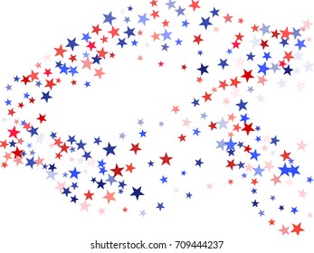 USA Patriot Day flowing background with star dust flying. Red and blue stars American patriotic background graphic design. Flying holiday confetti in USA flag colors for President Day celebration.