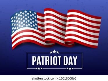 USA Patriot Day illustration, 9.11 terrorist attacks memorial. Patriotic template for greeting card, flyer, poster, banner. Decorated with american flag, holiday message, colorful blue background.