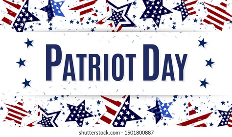 USA Patriot Day illustration, 9.11 terrorist attacks memorial. Patriotic template for greeting card, flyer, poster, banner. Decorated with american themed bright stars, confetti, and holiday text.