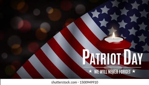 USA Patriot Day Illustration. Patriotic Template For Greeting Card, Flyer, Poster, Banner. American Flag, Candle, Holiday Message, Lights. We Will Never Forget The Victims Of 9.11 Terrorist Attacks.