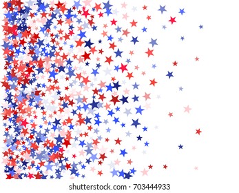 USA Patriot Day left side border background with star dust flying. Red and blue stars American patriotic background design. Flying holiday confetti in USA flag colors for President Day celebration.
