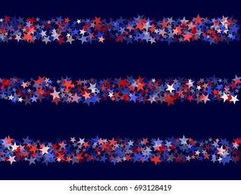 USA Patriot Day vector background with horizontal lines of red and blue stars on dark background. USA Independence Day pattern in American flag colors. Holiday stars graphic design.