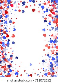 USA Patriot Day vertical background with hearts flying. Red and blue hearts American patriotic background graphic design. Flying holiday confetti in USA flag colors for President Day celebration.