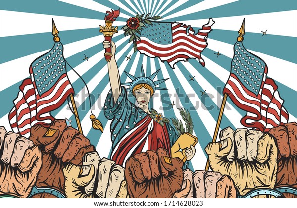 USA\
patriotic art. Propaganda illustration. Statue of liberty, american\
flags and many fist raised in air. Symbol of protest, positions,\
elections, demonstrations, rallies. Fight for rights\
