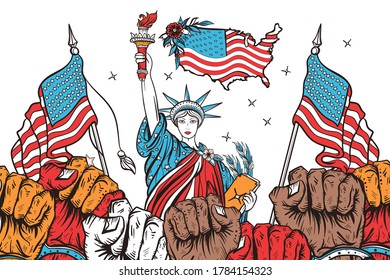 USA patriotic art. Symbol of protest, positions, elections, demonstrations, rallies. Fight for rights. Propaganda illustration. Statue of liberty, american flags and many fist raised in air 