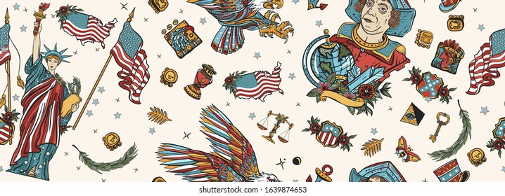 USA patriotic background. Old school tattoo style. Statue of liberty, eagle, flag, map. History and culture. United States of America seamless pattern 