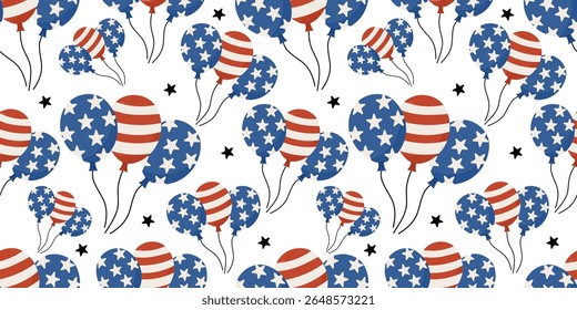 USA patriotic balloons seamless pattern with stars and stripes — festive vector background with red, white, and blue balloons inspired by the American flag. Includes stars, stripes.