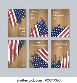 USA Patriotic Cards for National Day. Expressive Brush Stroke in Flag Colors on kraft paper background. Vector Greeting Card.