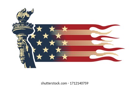 USA patriotic concept with statue of Liberty torch and American flag elements, vector illustration in retro style colors.