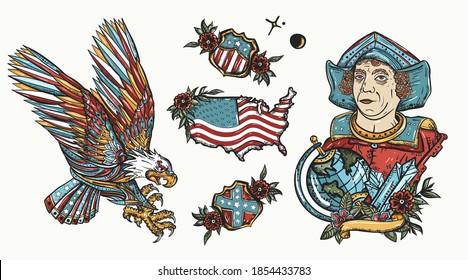 USA patriotic elements. Old school tattoo style. Eagle, flag, map. History and culture. United States of America art 