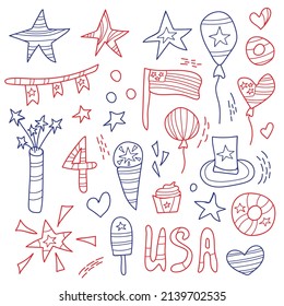 USA patriotic elements set. Stars, flag, scenery. Hand drawn doodle in red and blue colors. USA Independence Day vector illustration 4th of July