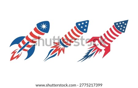 USA Patriotic Firework Rockets Set – 4th of July Celebration Vector Illustration
