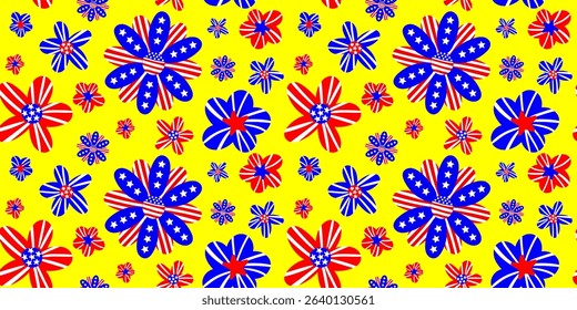 usa patriotic flower seamless pattern with american flag elements on vibrant yellow background, perfect for july 4th independence day, textile, wrapping, decor