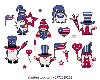 USA patriotic gnomes set on white background. Independence day. Vector illustration.