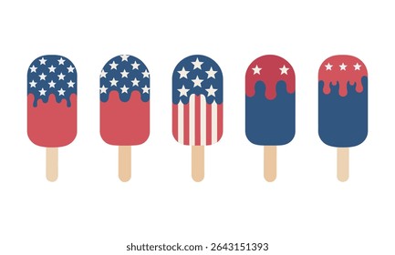  USA Patriotic Ice Cream Popsicle Set - Red, White, Blue, vector illustration