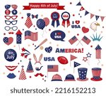 USA patriotic props set. Stickers or masks for independence day celebration and photobooth. American tie, glasses, hats, garland and flags. Cartoon flat vector collection isolated on white background