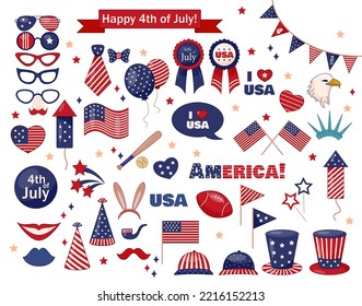 USA patriotic props set. Stickers or masks for independence day celebration and photobooth. American tie, glasses, hats, garland and flags. Cartoon flat vector collection isolated on white background