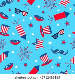 Patrón patriótico sin fisuras de Estados Unidos. Fondo tradicional del 4 de julio.  Sombreros y fuegos artificiales de fondo. Plantilla de Vector para la tela, materia textil, Fondo de pantalla, papel de embalaje, etc