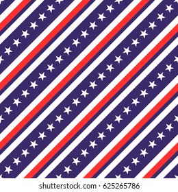 USA patriotic seamless pattern with diagonal stripes and stars