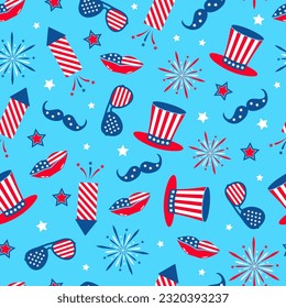 USA patriotic seamless pattern. Fourth of July traditional background.  Cracker and fireworks backdrop. Vector template for fabric, textile, wallpaper, wrapping paper, etc. 