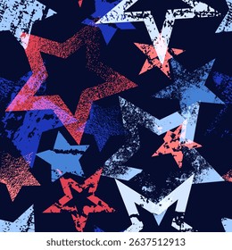 USA patriotic seamless pattern. Red and blue stars with grunge texture on navy background. Vector design for 4th of July, Independence Day, wrapping paper, fashion textile, or holiday decoration