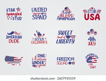 USA Patriotic Slogan Vector Set 4th of July Typography Bundle for Independence Day
