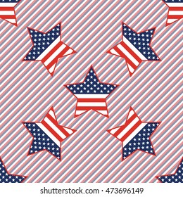 USA patriotic stars seamless pattern on red and blue stripes background. American patriotic wallpaper with USA patriotic stars. Scalable pattern vector illustration.