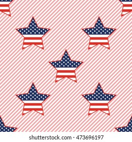 USA patriotic stars seamless pattern on red stripes background. American patriotic wallpaper with USA patriotic stars. Wrapping pattern vector illustration.