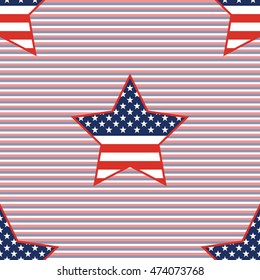 USA patriotic stars seamless pattern on red and blue diagonal stripes background. American patriotic wallpaper with USA patriotic stars. Surface pattern vector illustration.