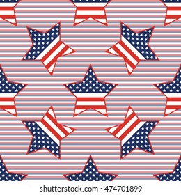USA patriotic stars seamless pattern on red and blue diagonal stripes background. American patriotic wallpaper with USA patriotic stars. Tiling pattern vector illustration.