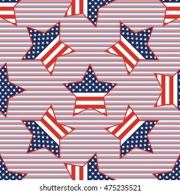 USA patriotic stars seamless pattern on red and blue diagonal stripes background. American patriotic wallpaper with USA patriotic stars. Grid pattern vector illustration.
