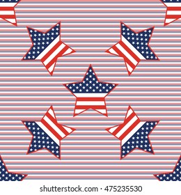 USA patriotic stars seamless pattern on red and blue diagonal stripes background. American patriotic wallpaper with USA patriotic stars. Scalable pattern vector illustration.