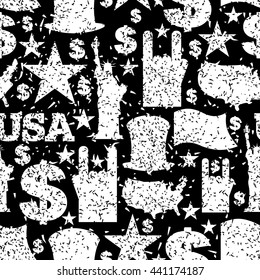 USA patriotic symbol pattern grunge style. Spray paint and brush strokes texture. American National ornament traditional background. Map and flag. Statue of Liberty and Uncle Sam. Dollar and star.